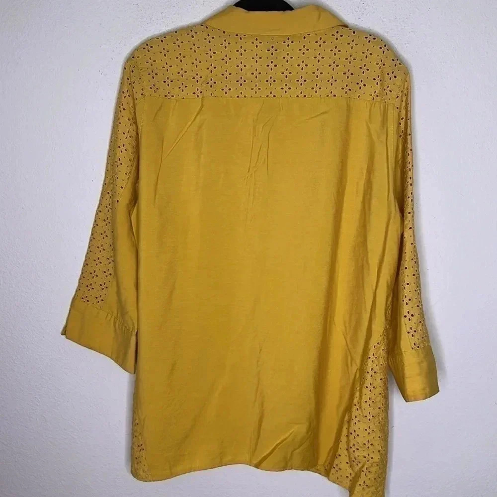 Multiples Linen Blend Button Down Eyelet Gold Plu… - image 2